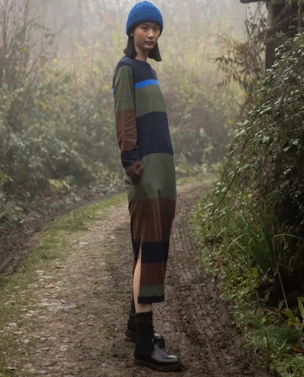 Beaumont Organic - Eugenie-Sue Organic Cotton Stripe Jersey Dress in Navy Multi Stripe^Dame Kjoler Og Jumpsuits
