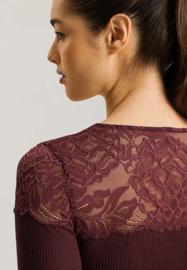 Hanro Maria L/SLV Shirt uld/silke med blonde - Deep Maroon^Dame Overdele