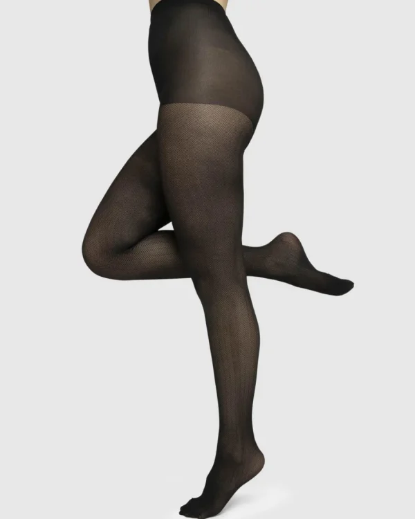 Swedish Stockings - Nina fishbone tights - Black 40den^Dame Sokker Og Strømpebukser