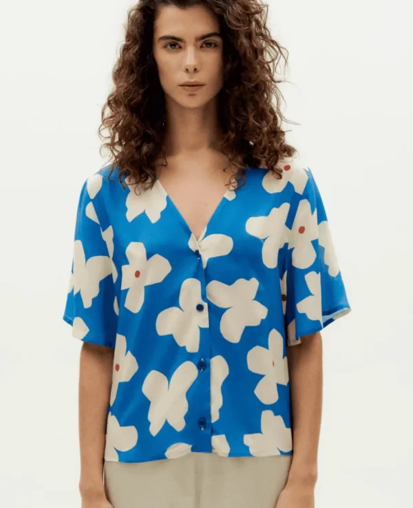Thinking Mu Blue butterfly flowers Libelula blouse^Dame Overdele