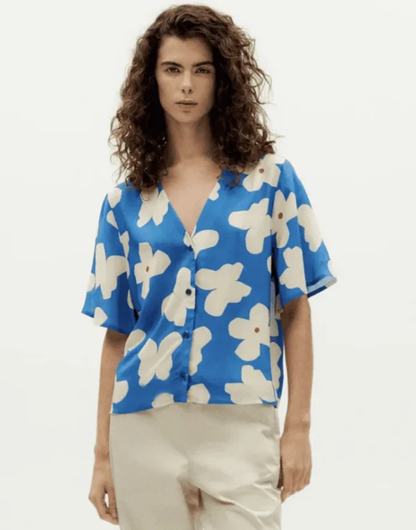 Thinking Mu Blue butterfly flowers Libelula blouse^Dame Overdele